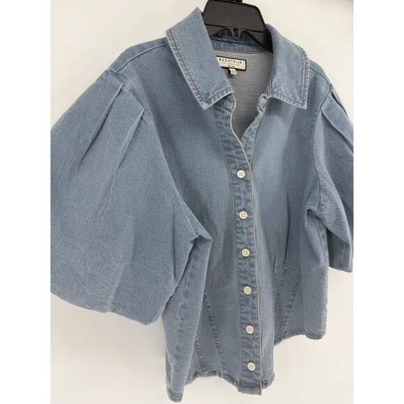 Bagatelle Collection New York Denim Short Puff Sleeves Button Down Womens Large - Picture 2 of 8